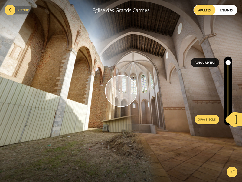 Évolution de l’image réelle à la reconstitution 3D de l’Eglise des Grands Carmes – application Perpignan 3D. ©Art Graphique & Patrimoine – GMT Editions
