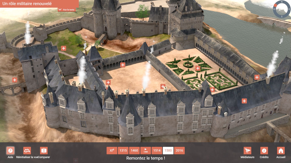 Château de Châteaubriant, espace de médiation numérique, modèle 3D du château en 1580. ©Cent Millions de Pixels, MG design