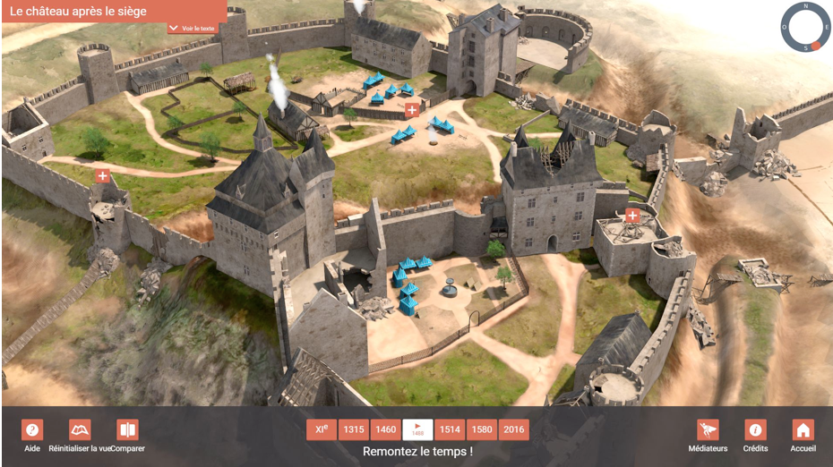 Château de Châteaubriant, espace de médiation numérique, modèle 3D du château après le siège de 1488. ©Cent Millions de Pixels, MG design
