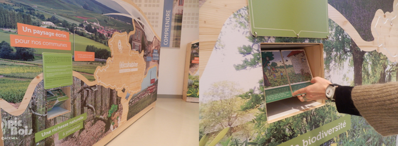 Exposition « Eco-habiter », Parc Naturel Régional de la Montagne de Reims. Caisson interactif : apprendre en s’amusant. ©Pic Bois