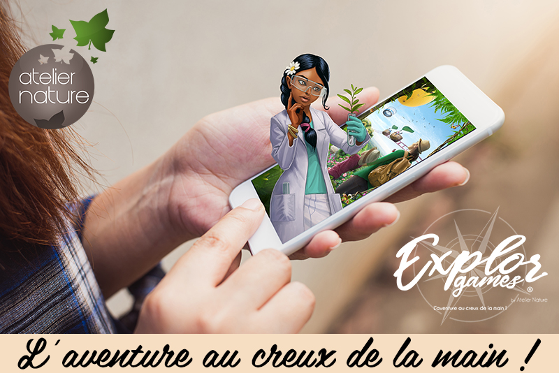 Explor'Games. Atelier Nature. Close up woman hand using smart mobile phone with blank display on concrete wall background