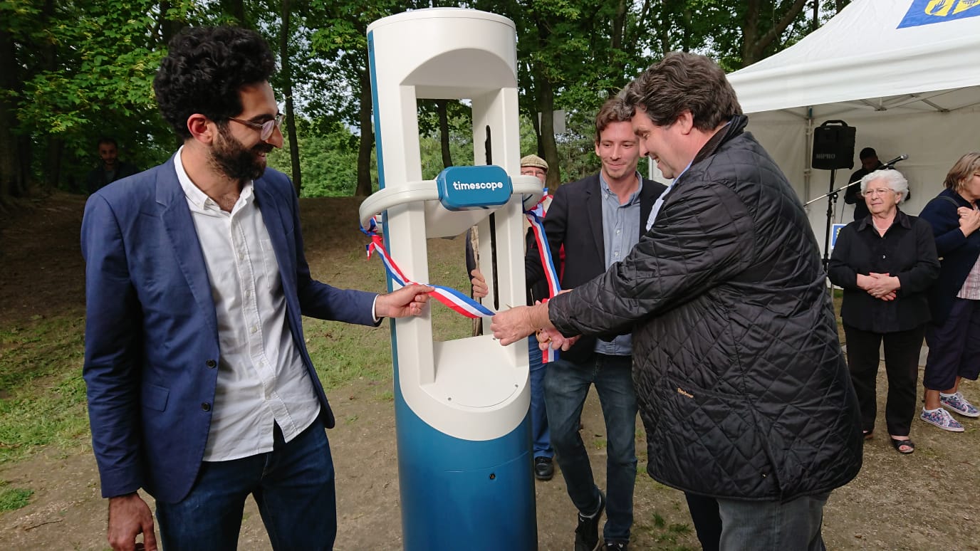 Inauguration de l’une des bornes Timescope le 13 juin 2018 en présence du Maire du Blanc-Mesnil ©Timescope